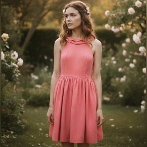 NWT BHLDN Anthropologie Silk Cotton Cocktail Dress Pink Halter Ruffle Size 6